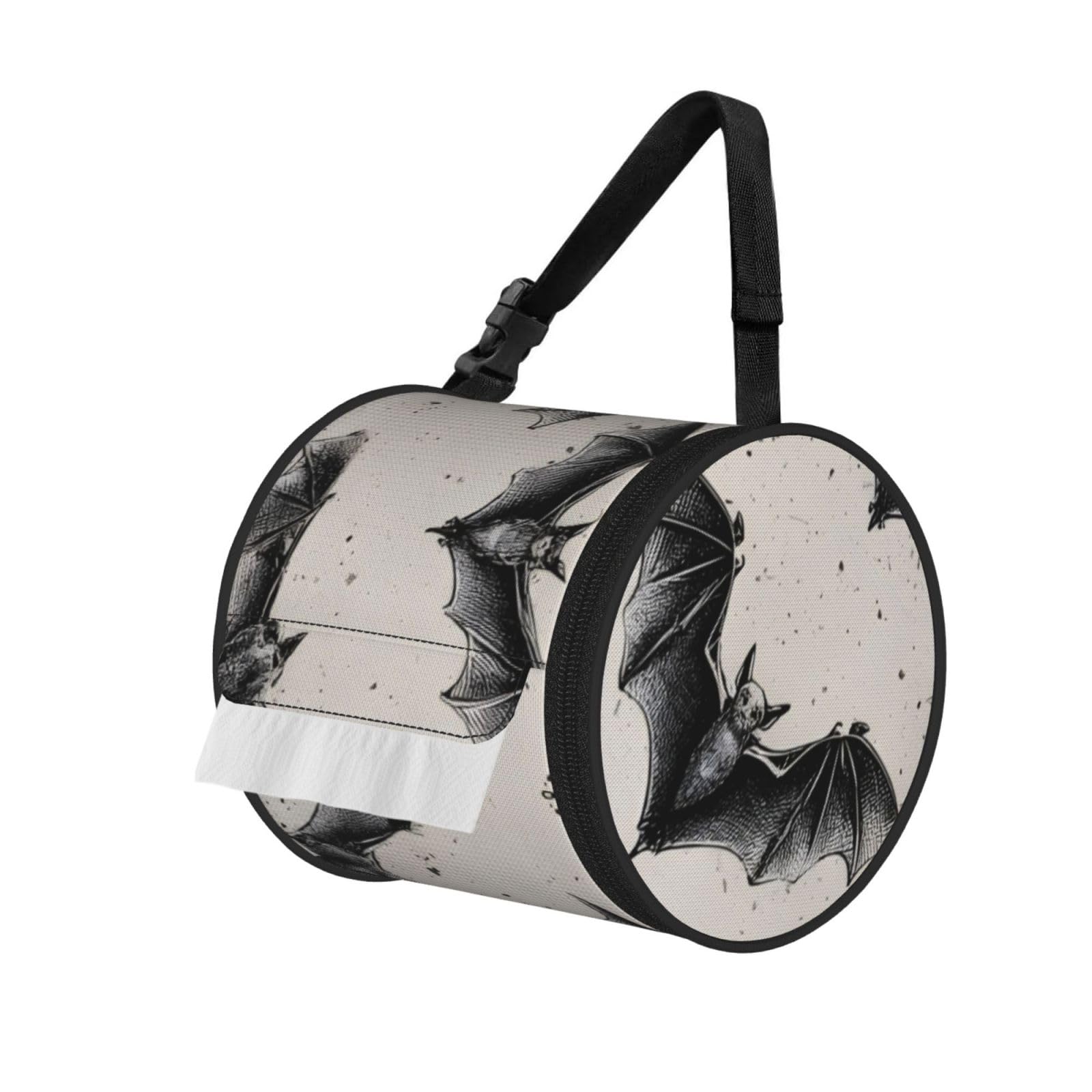 Bat Pattern Printed Cylindrical Tissue Bag Portable Oxford Cloth, Foldable Travel Tissue Holder With Zipper And Adjustable Belt