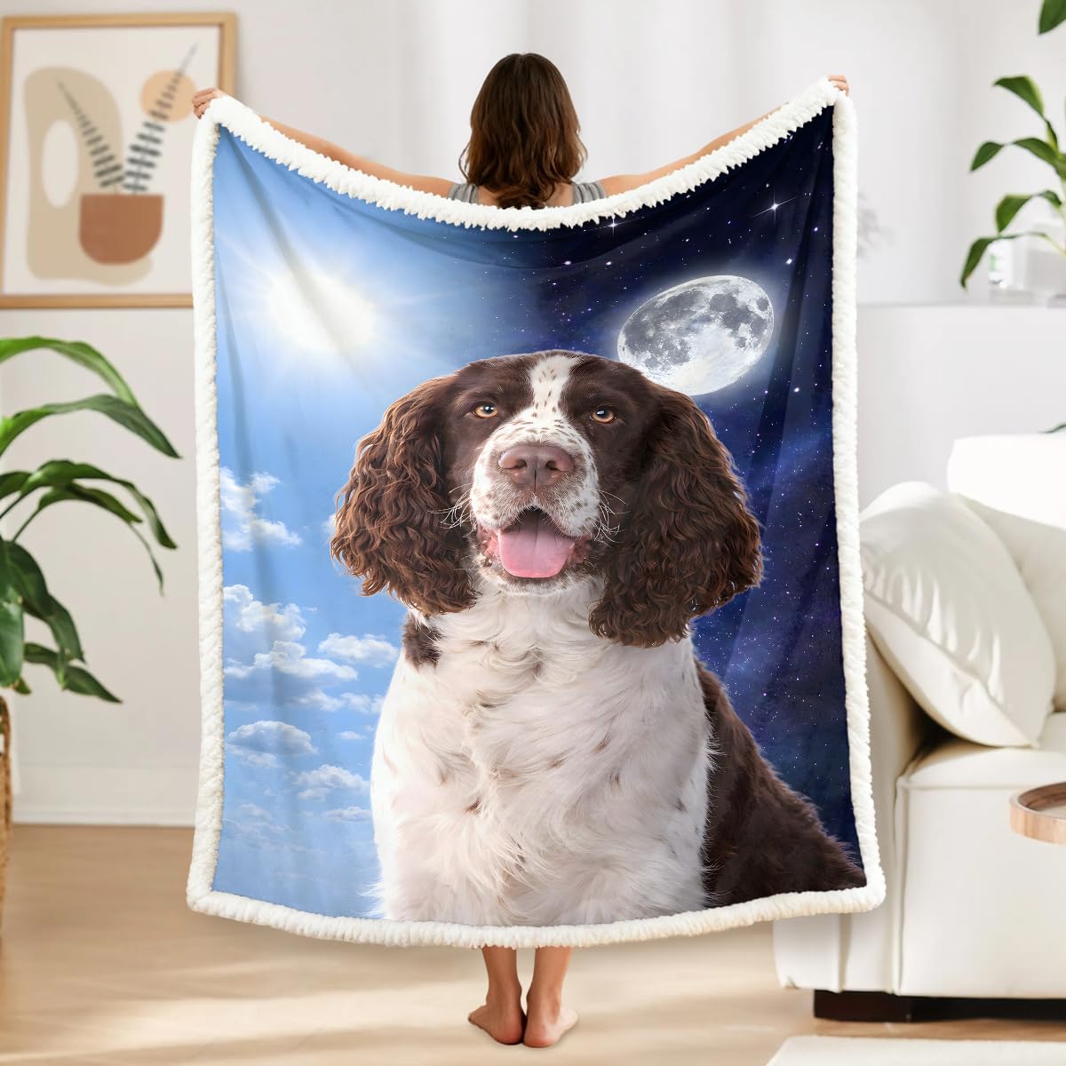BlessLiving Springer Spaniel Fuzzy Dog Blanket - Sun and Moon Print Large Dog Head Fleece Sherpa Throw for Kids & Adults Dog Lover Gift Blanket (130x150cm)