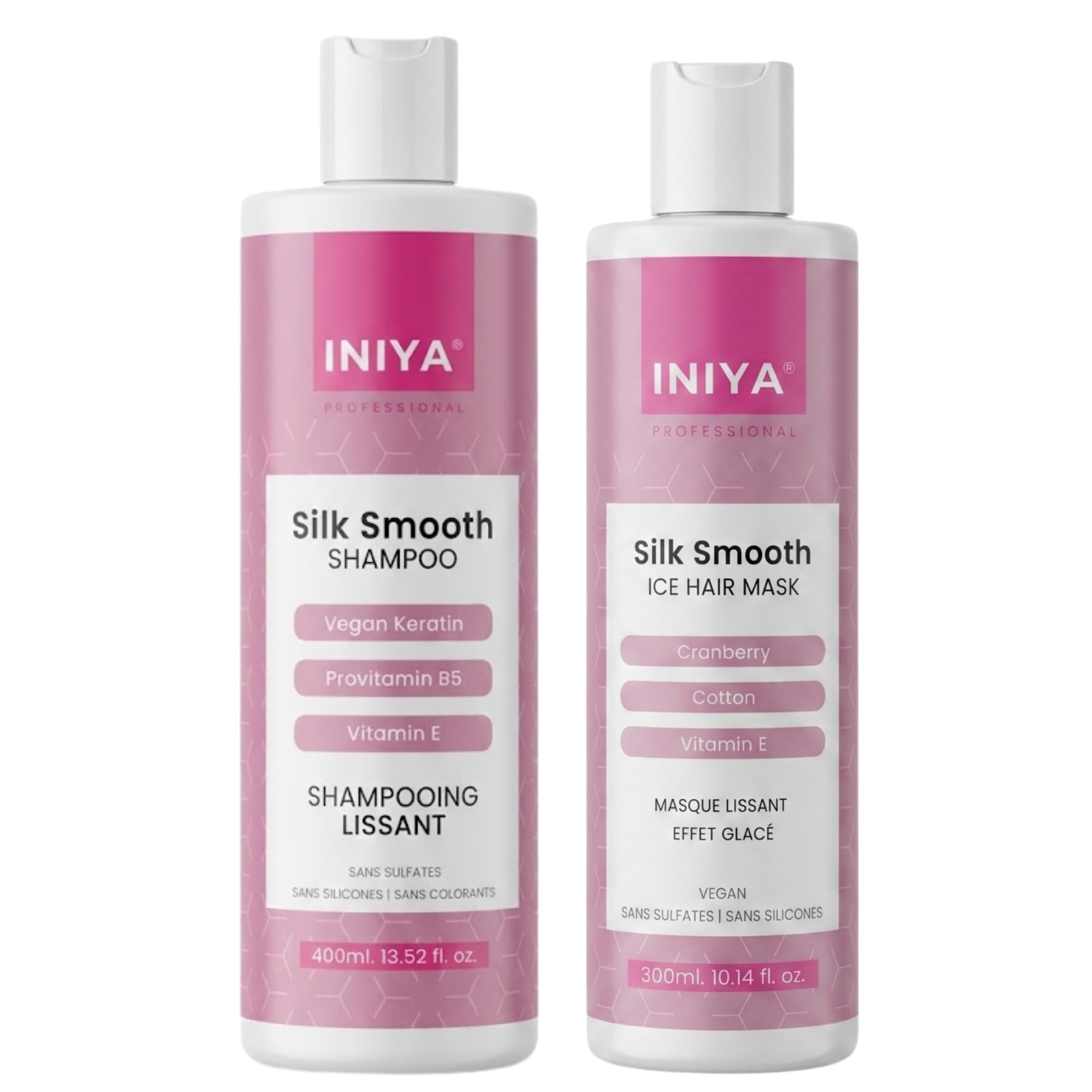 Iniya Silk Smooth Shampoo und Glättende Pflege, ohne Sulfate oder Silikon, glättendes Shampoo und brasilianische Haarmaske, Tannin (2 x 400 ml)
