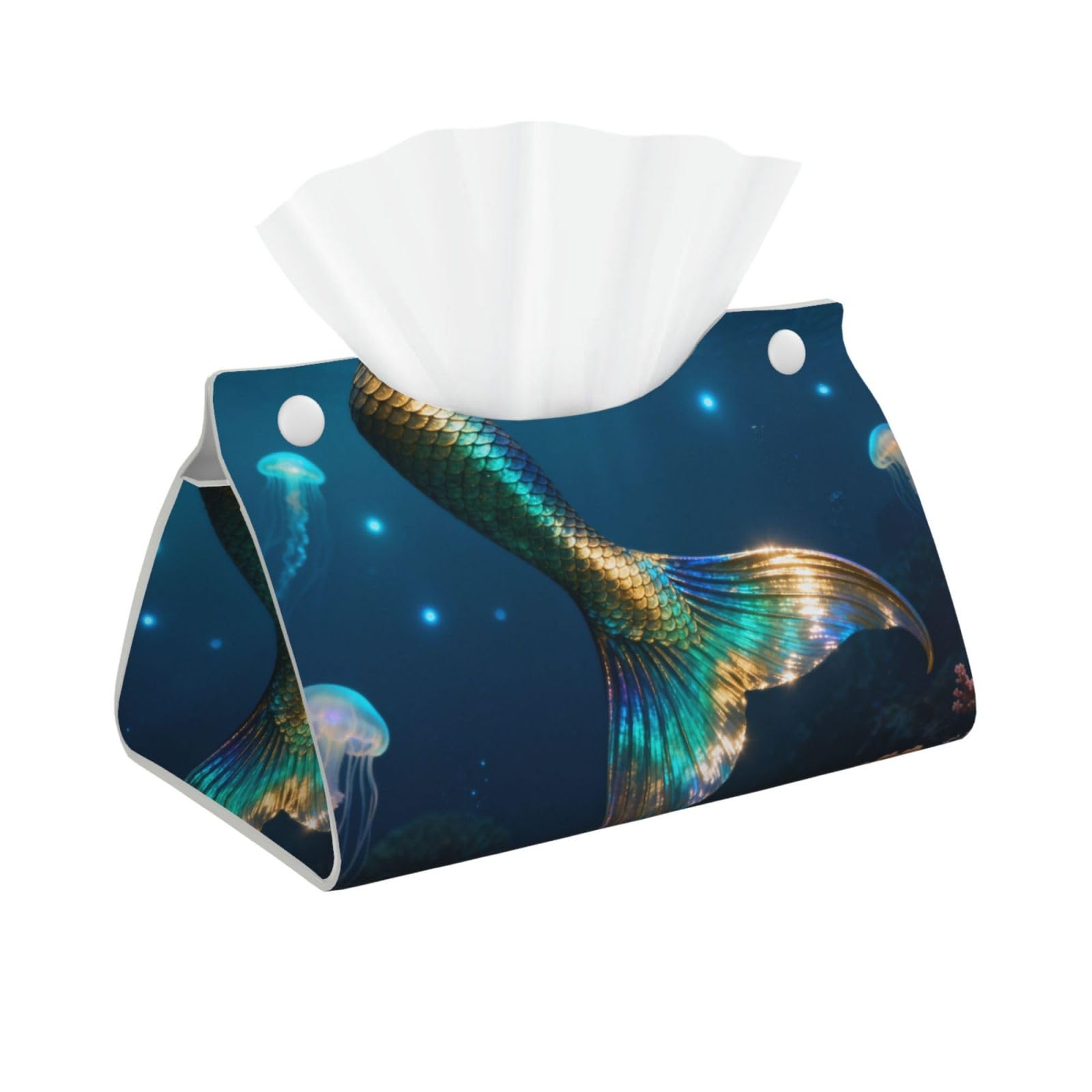 Mermaid Tail Scale Long Leather Tissue Box Cover-Waterproof PU Leather Tissue Holder for Bathroom, Decorative Rectangular Tissue Case