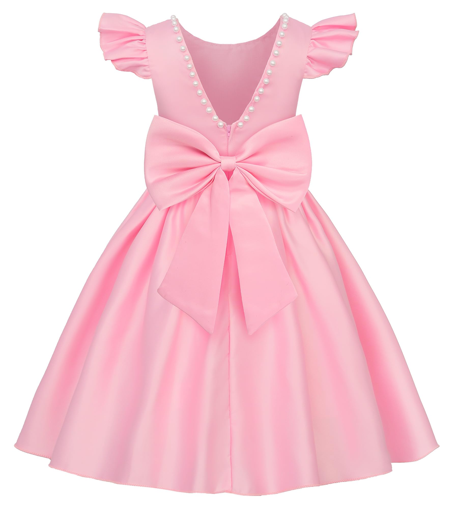 Uhnice Vestito Bambina Cerimonia Satin Maniche Svolazzanti con Perle Lunghezza Ginocchio con Fiocco Rimovibile