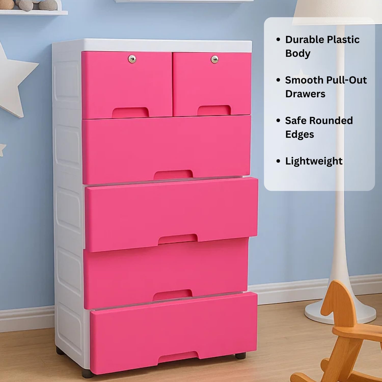 The Tickle Toe 6-Drawer Glossy Plastic Chest for Kids | Dark Pink Storage Organizer with Locks | Portable Child-Safe Cabinet for Clothes & Toys | 44L x 28.5W x 82H cm | Made in India 2