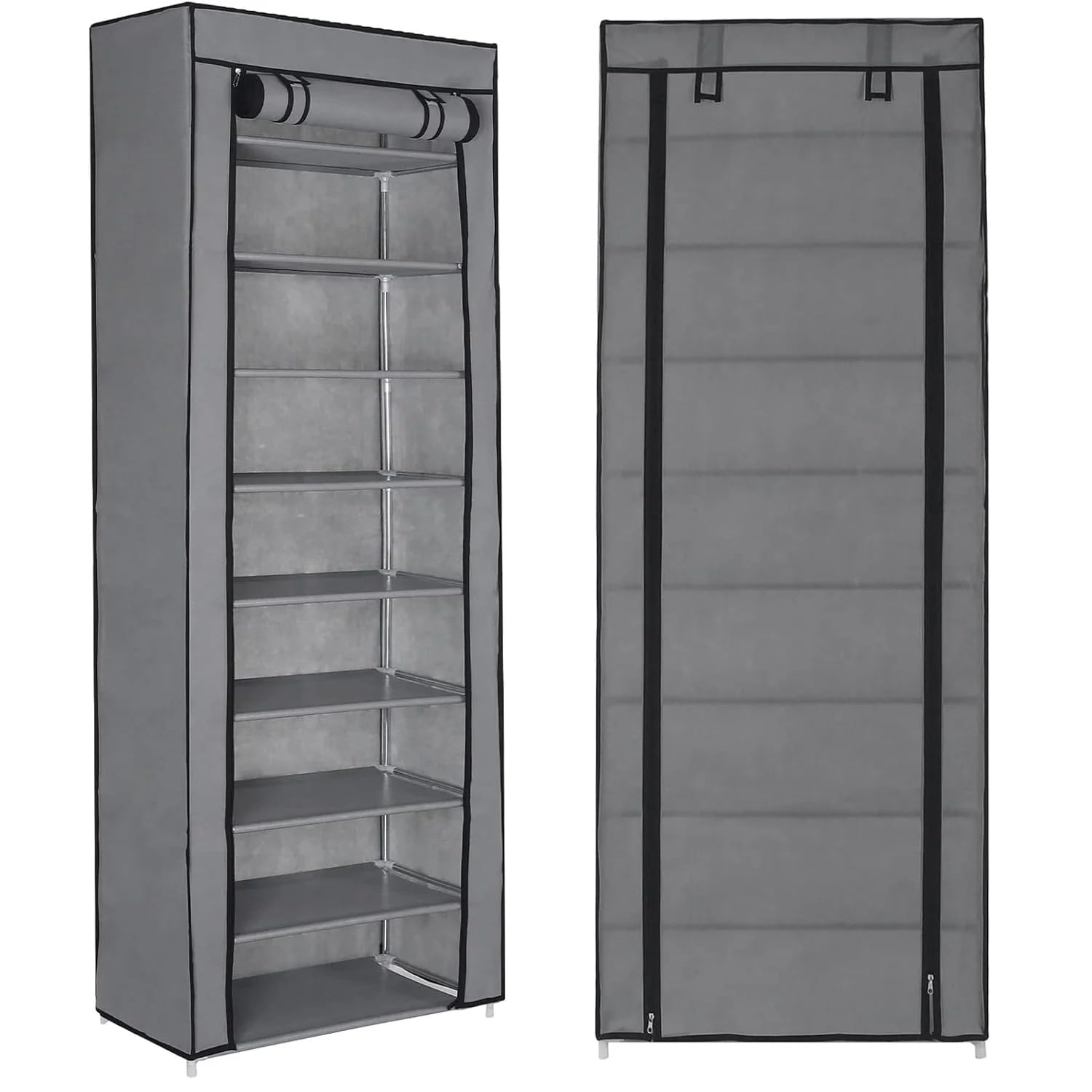 9 Tier Shoe Rack with Cover, Tall Shoe Storage Cabinet 60 x 30 x 155 cm, Dustproof Shoe Organiser with Non-Woven Fabric Cover, Space Saving Shoe Storage Rack for Hallway, Bedroom, Wardrobe (GREY)