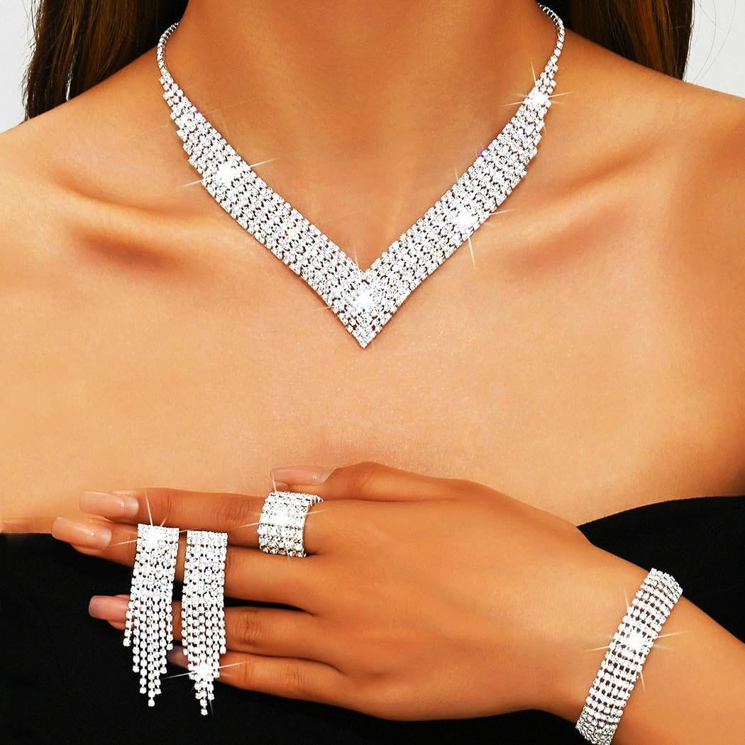 Aukmla Bridal Wedding Jewelry Set Silver Rhinestones Bride Wedding Necklace Earring Bracelet Ring Sets Prom Necklaces for Women - Image 2