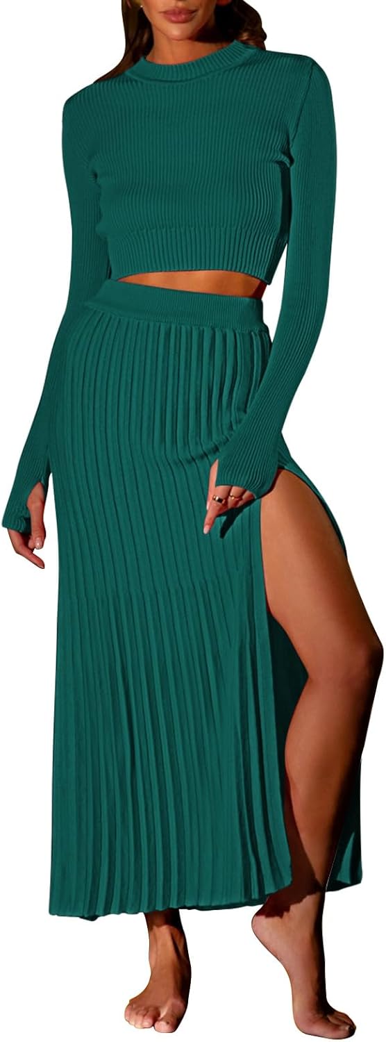 Duigluw Women 2 Piece Outfits Winter Long Sleeve Crop Top Bodycon Pleated Skirt Knit Sweater Dress Set Large Verdant