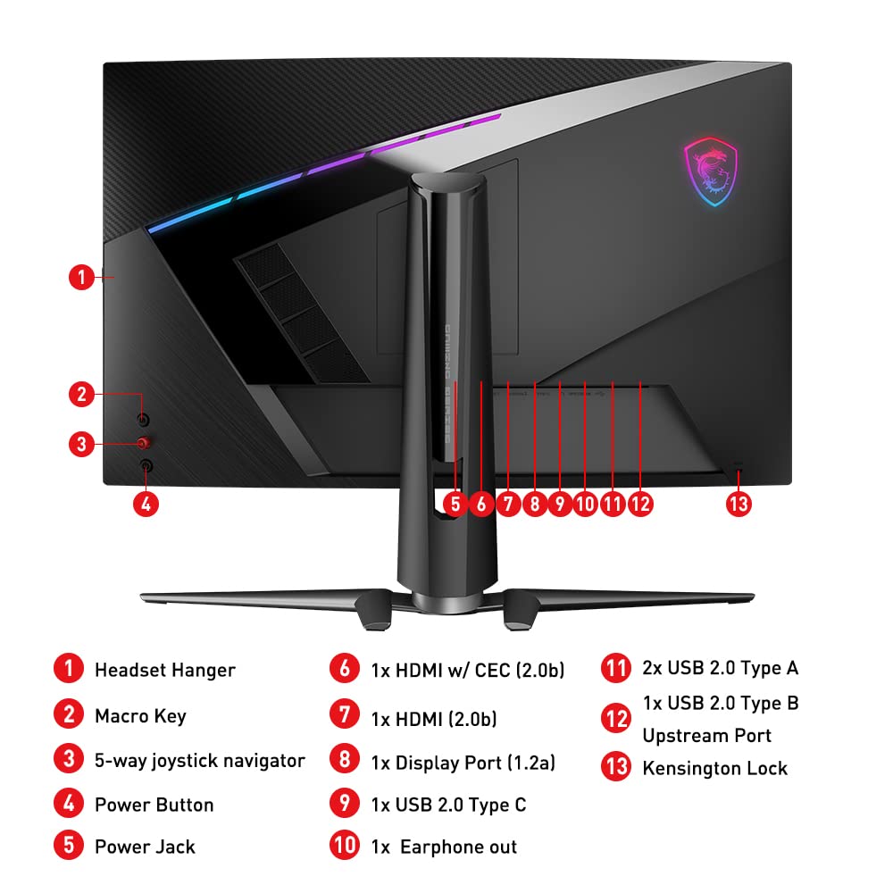 msi MPG ARTYMIS 323CQR 31,5 pollici WQHD Curved Gaming Monitor - 1000R, 2560 x 1440 VA Panel, 165 Hz / 1ms, FreeSync Premium, DisplayHDR 400, Mystic Light Stand regolabile - DP 1.2a, USB Type-C