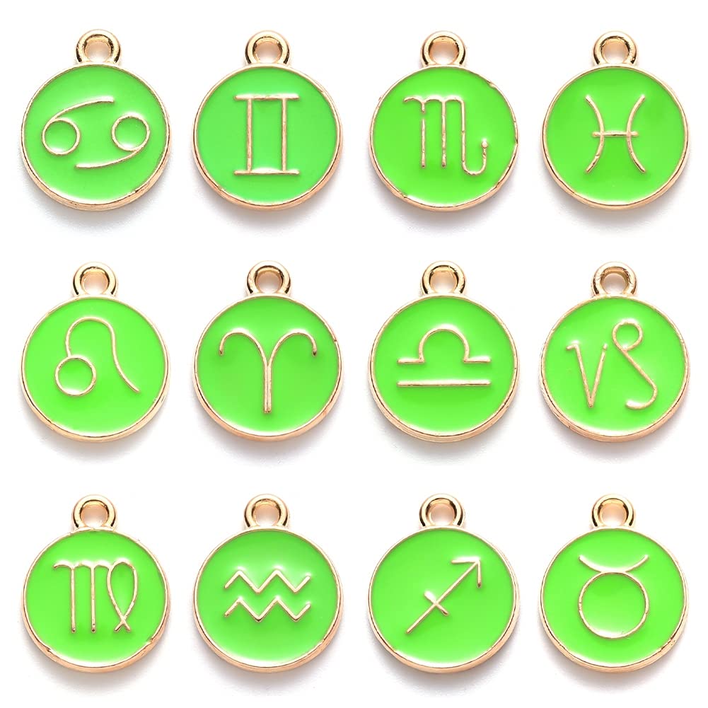 PandaHall 12pcs Enamel Twelve Constellations Flat Round Charms Pale Green Zodiac Charms Pendants Light Gold Plated Metal Charms Bulk for Necklace Bracelet Jewelry Making โ image 1