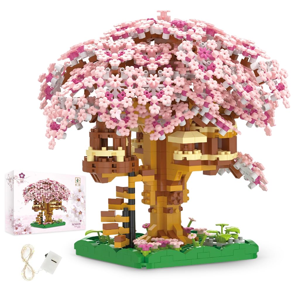 DIY Cherry Blossom Tree House Sakura Tree House Collection Building Set Micro Building Blocks Set Artificial Cherry Flowers Mini Brick House Building Kit