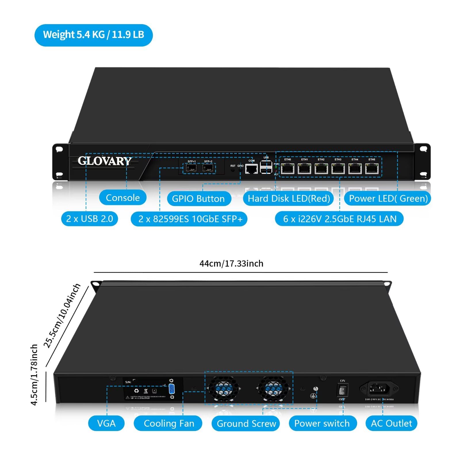 1U Rackmount Firewall i3 3110M, 2 x 82599ES 10 GB SFP+, 6 x i226V 2,5 GbE LAN OPNsense Hardware, U6, AES-NI, Barebone, 19" Router PC, urządzenie sieciowe, VGA, COM