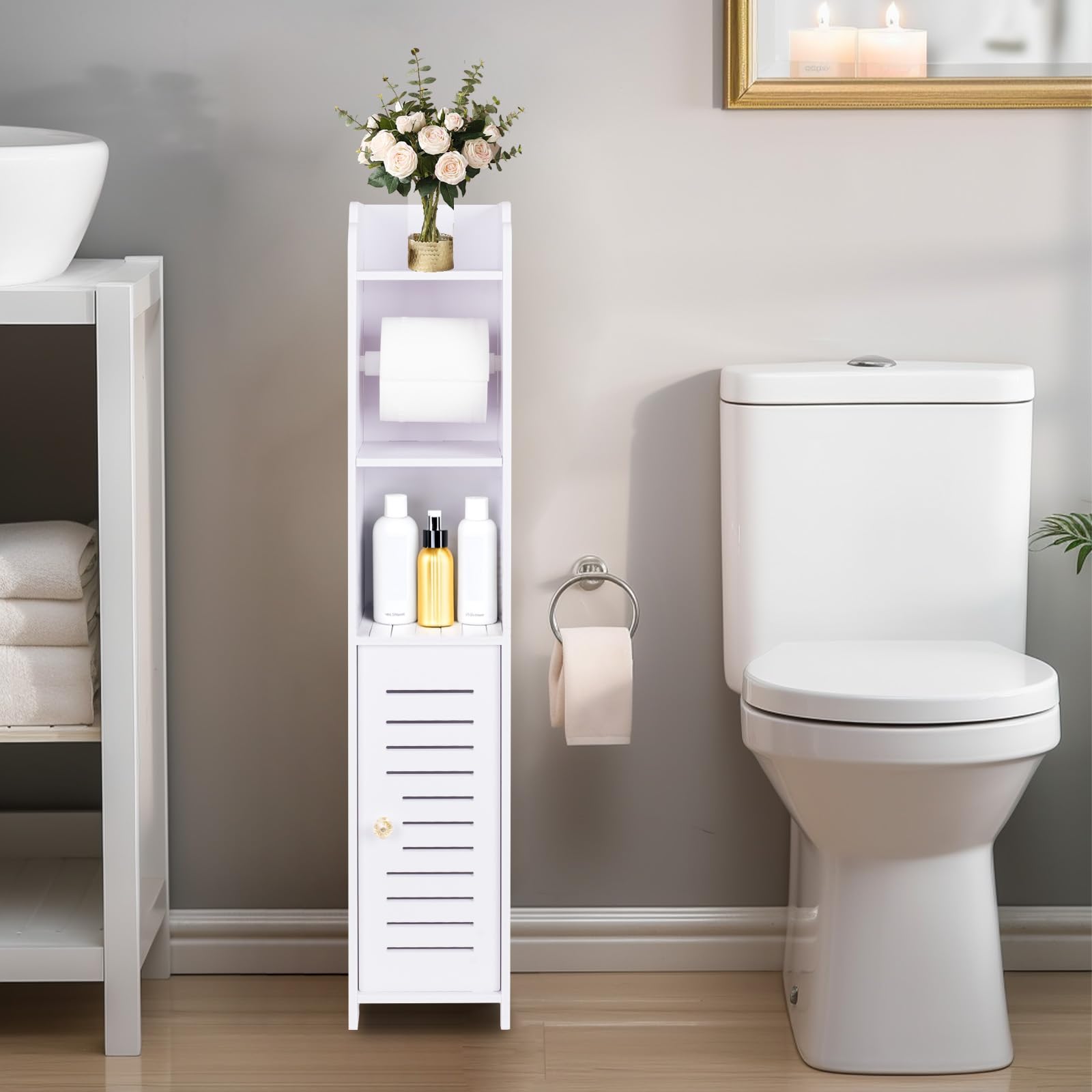 powerking Porta carta igienica, piccolo armadietto da bagno con ante e ripiani, sottile multistrato per bagno, piccoli spazi, pavimento angolare, bianco
