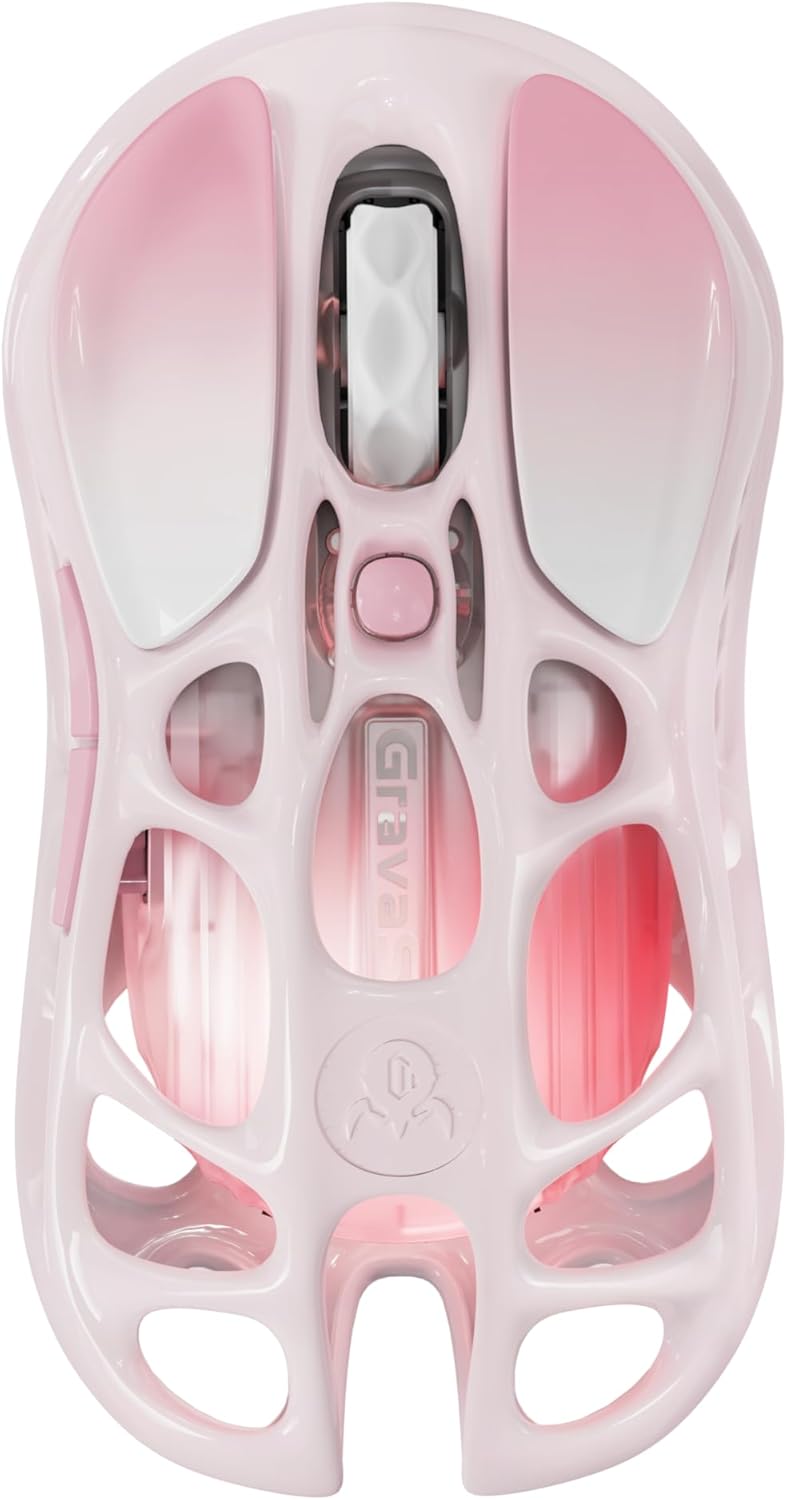 GravaStar Mercury M1 Pro Wireless Gaming Mouse, Lightweight Magnesium Alloy, 26,000 DPI, PAW3395DM Sensor, 5 Programmable Buttons, Support Wired/2.4GHz/BT, Up to 200 Hours Battery Life (Gradient Pink)