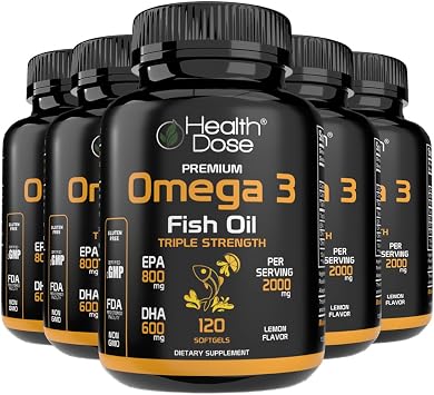 Health Dose Omega 3 Fish Oil Lemon-Flavored Softgels with EPA & DHA for Brain, Heart, and Wellness Support Easy-to-Digest, No Fish Burps 120 Softgels, Pack of 5