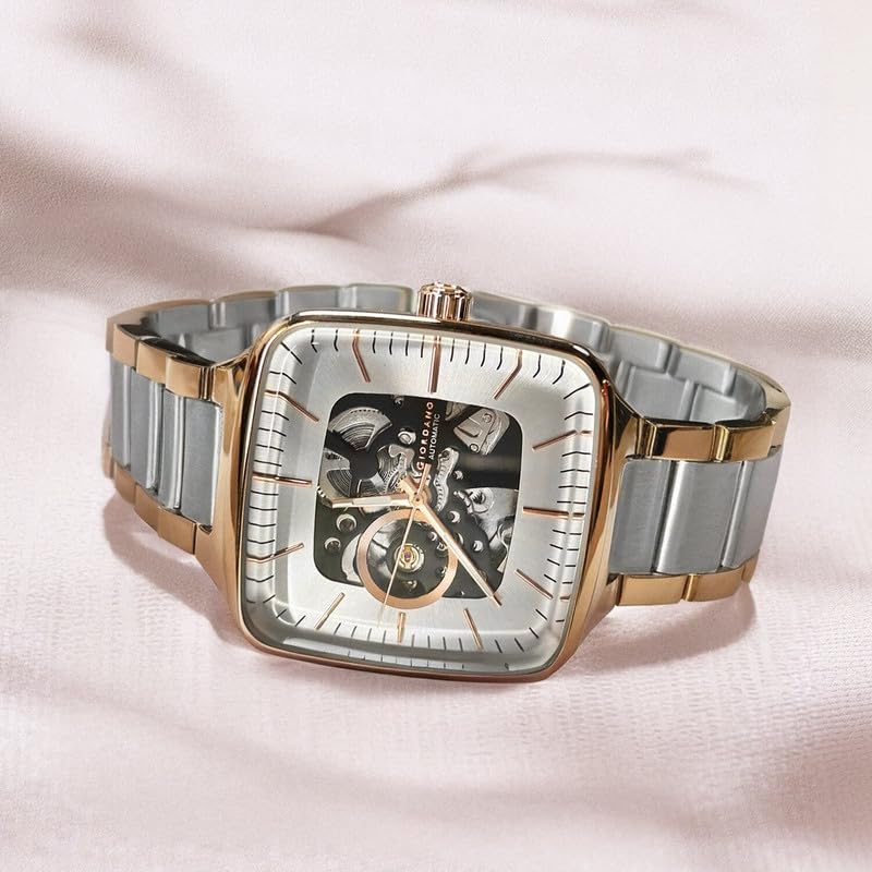 Image of Giordano Luxury Watch for Men - Automatic Skeleton Square Dial, Stainless Steel Strap, Premium Mechanical Movement