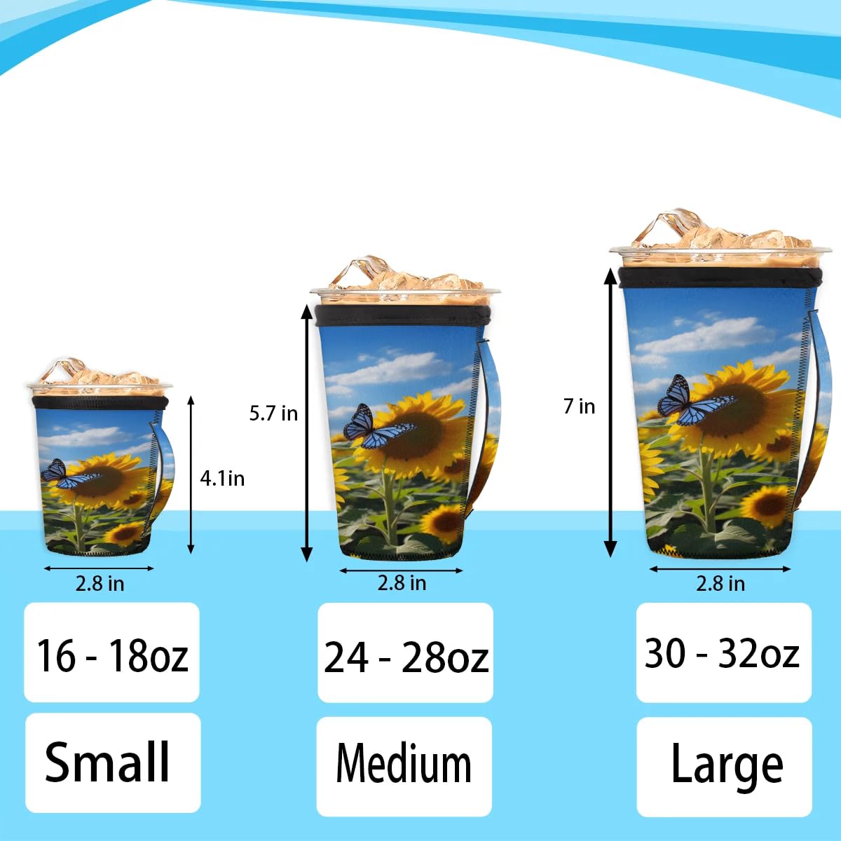 Sunflower Butterfly Clouds M Reusable Iced Insulator Coffee Sleeves Neoprene Insulated Sleeves With Handle Coffee Sleeves for Iced Coffee Cups Drinks