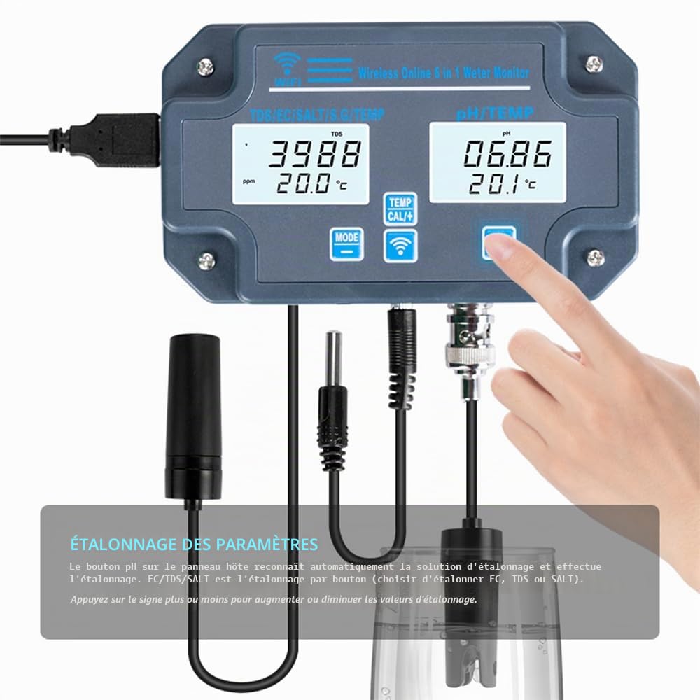 Testeur de qualité de l'eau Wifi, analyseur de qualité de l'eau 6 en 1 PH/EC/TDS/SEL/S.G/température, surveillance à distance APP, adapté au laboratoire hydroponique d'aquarium d'eau potable