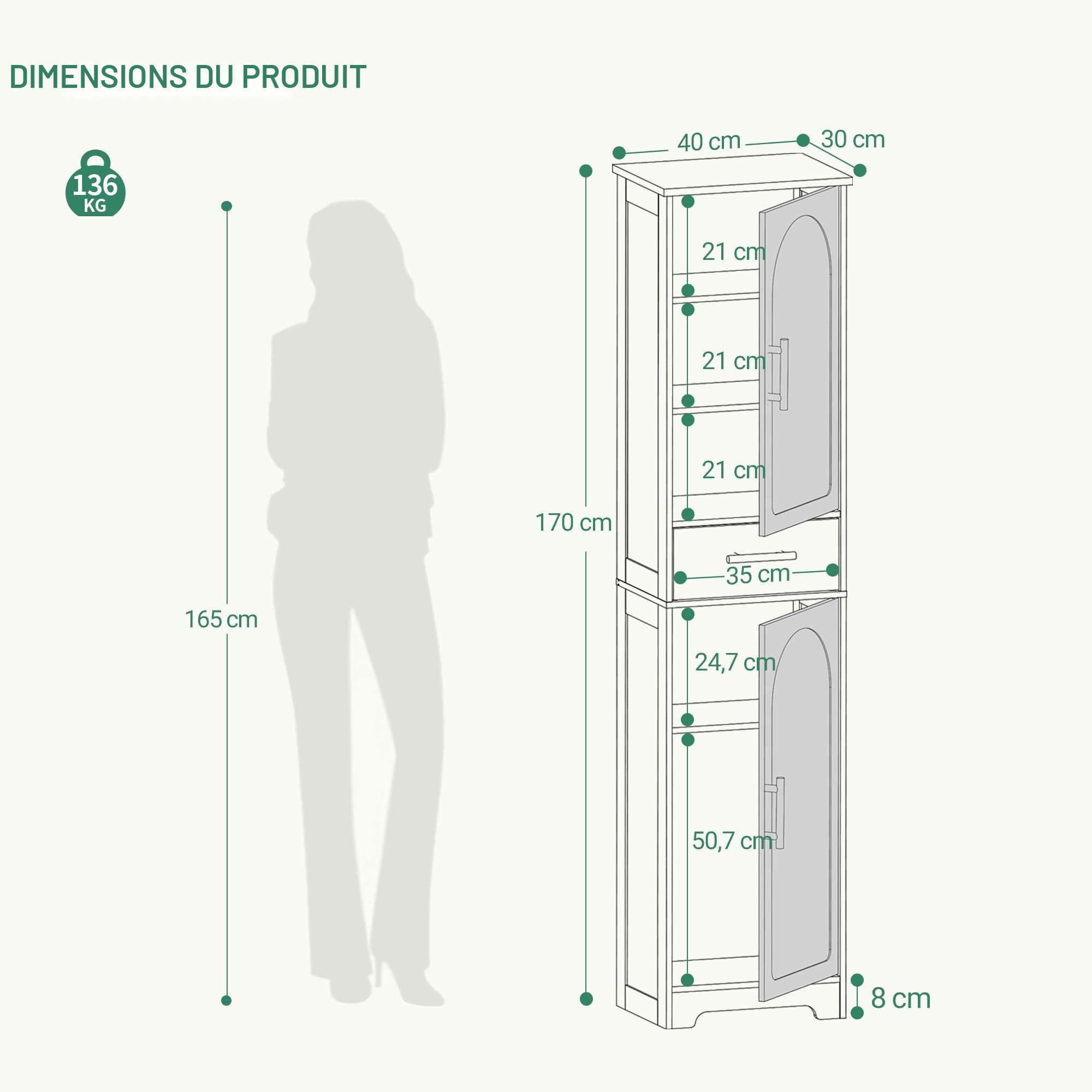 Hzuaneri Armoire de Salle de Bain, Armoire de Rangement avec 1 Tiroirs et 2 Portes, Grand Meuble Étroit, pour Salon, Chambre, Cuisine, Couloir, Blanc SC18303X