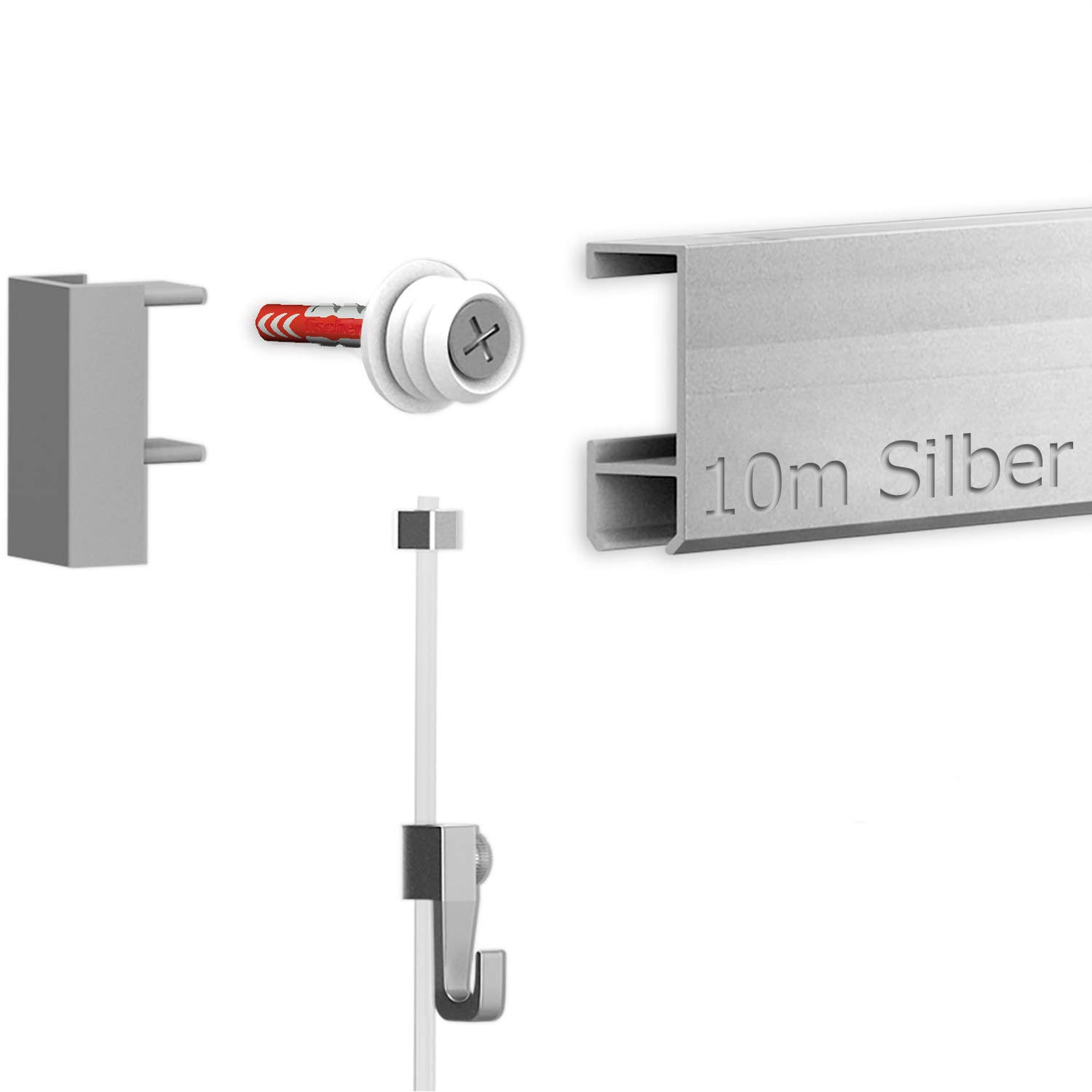 hang-it 10 Meter Bilderschienen Galerieschienen - Komplett Set in Silber