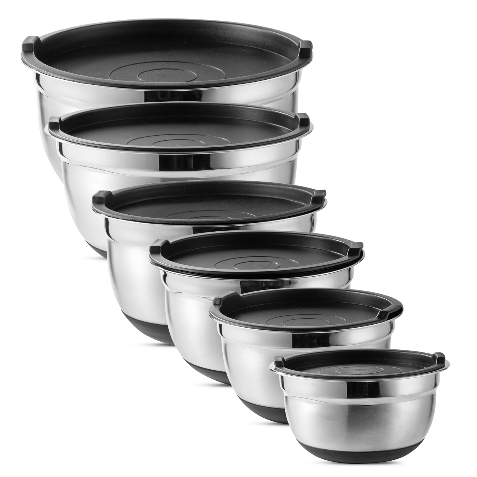 COOK WITH COLOR Stainless Steel Mixing Bowls Set with Lids - Nesting Bowls with Non-Slip Bottom, Black, 12 Pieces