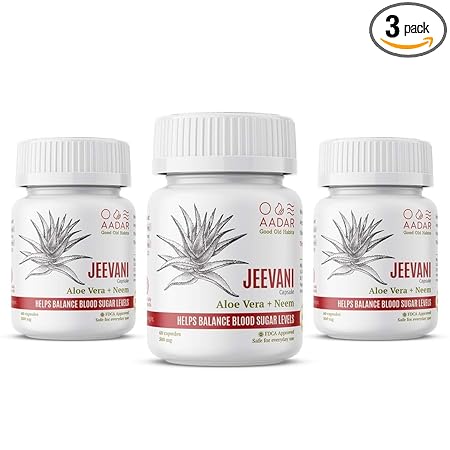 AADAR Jeevani Ayurvedic Capsules Diabetes Control and Detoxification, removal of toxins from the body Aloe Vera, Neem and Harde (Haritaki) 60 Capsules (Pack of 3)