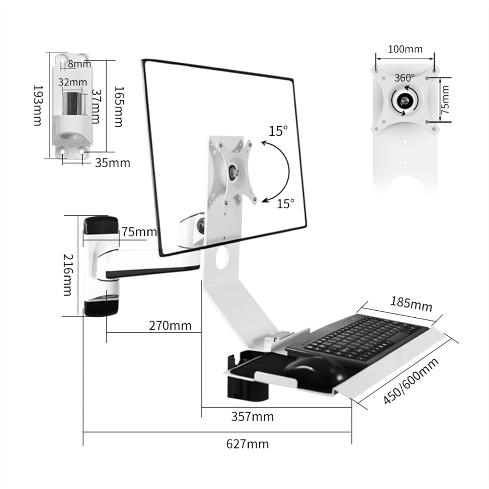 Brazo Monitor de Escritorio Estación de trabajo de montaje en pared: brazo de montaje VESA de movimiento completo, soporte de monitor mecánico ajustable con brazo de bandeja for teclado, escritorio er