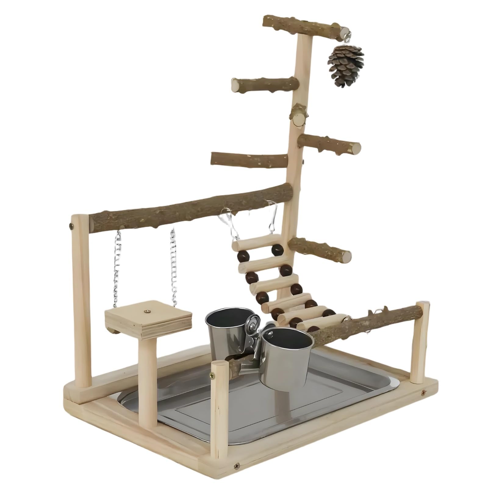 Supporto per uccelli in legno di pepe, parco giochi per pappagalli, con scala, altalena, piattaforme, vassoio e ciotola, robusto e sicuro per il movimento e il gioco