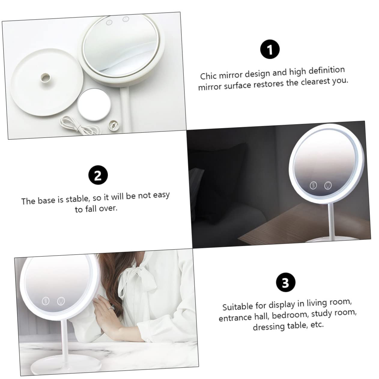 Specchio Trucco da Tavolo LED Rotante 180° con Base Stabile | Abs Bianco, Design con Ventilatore Integrato, Festa Estiva, Uso in Camera da Letto e Soggiorno