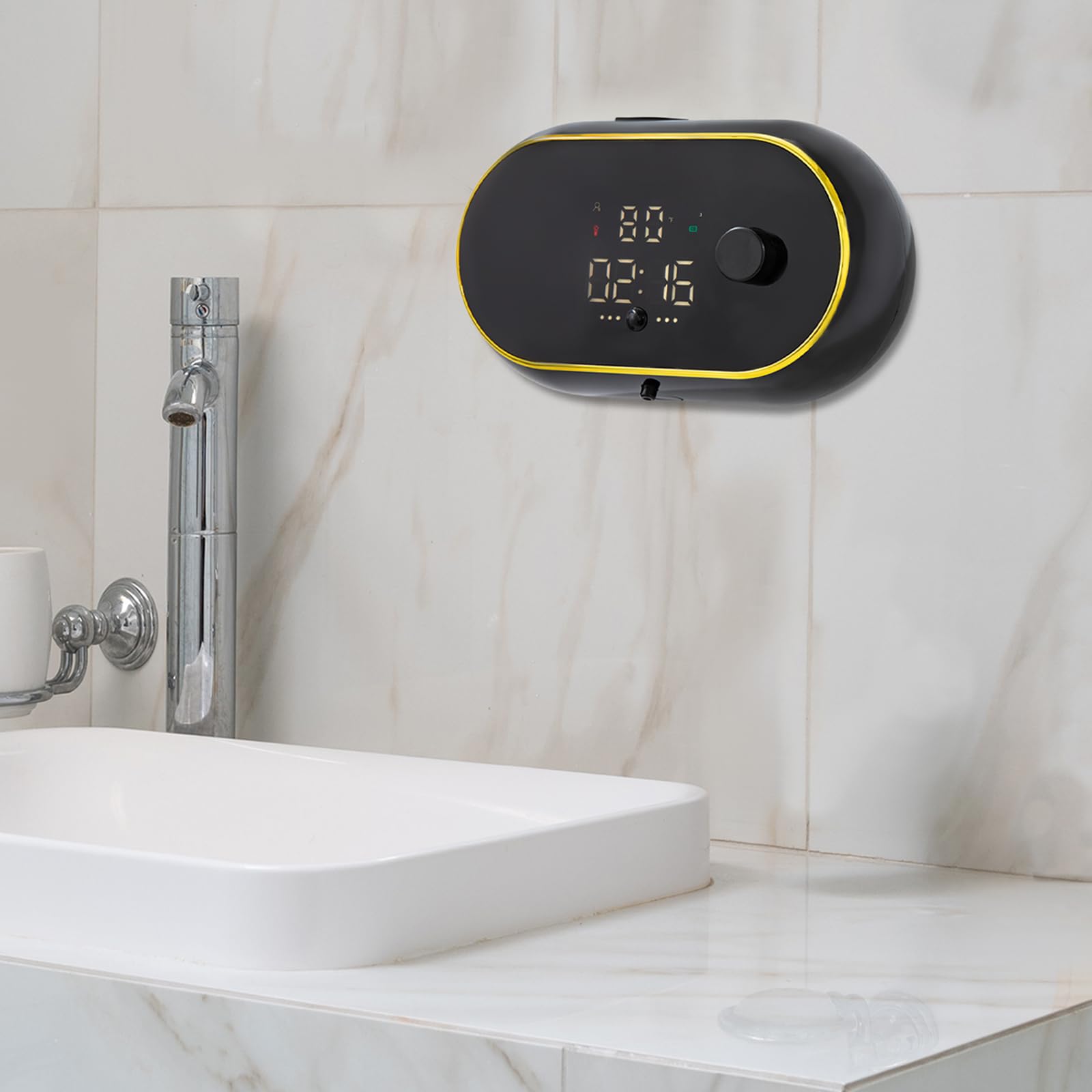 Distributore automatico di sapone in schiuma 450 ml USB C ricaricabile con display LCD Temperatura ora 3 livelli regolabile IPX5 impermeabile a parete sensore senza contatto