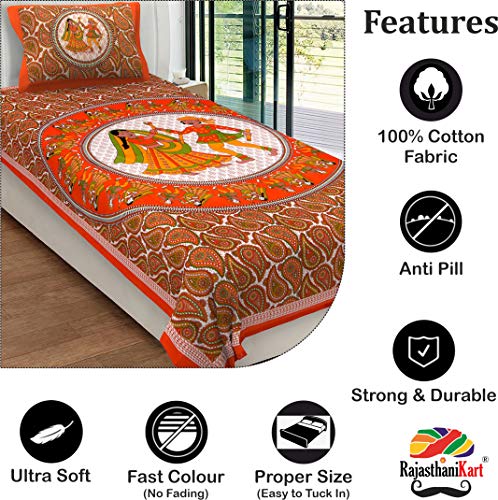 Image of RajasthaniKart Comfort Rajasthani Jaipuri Traditional Sanganeri Print 144 TC Cotton Single Bedsheet with 1 Pillow Cover - King, Round Dandiya (Orange, Single)