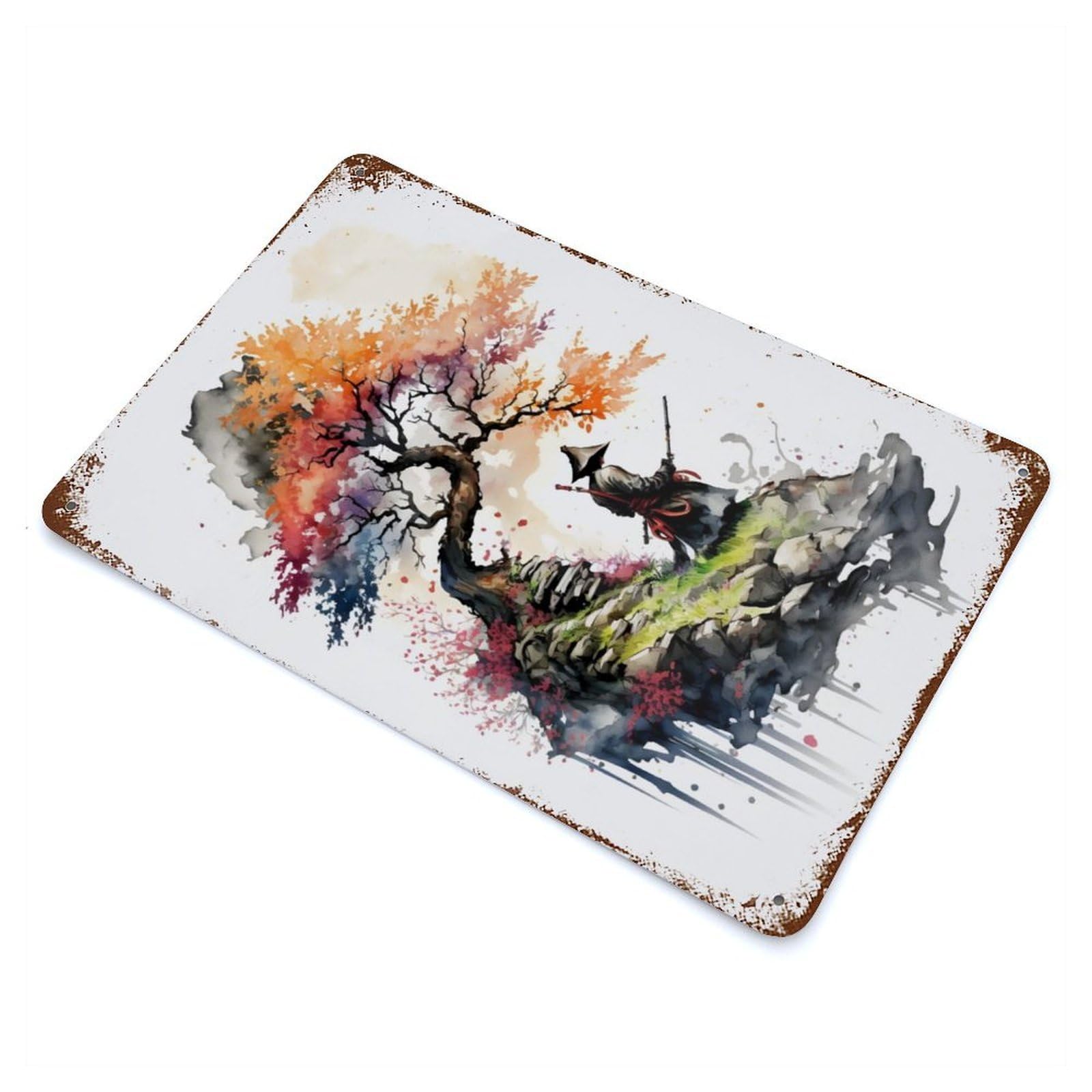 Aged Metal Wall Plaque with Cherry Blossom 28 Design 11.8"x7.9", for Farmhouse, Kitchen And Entryway Decor, Retro Wall Decor