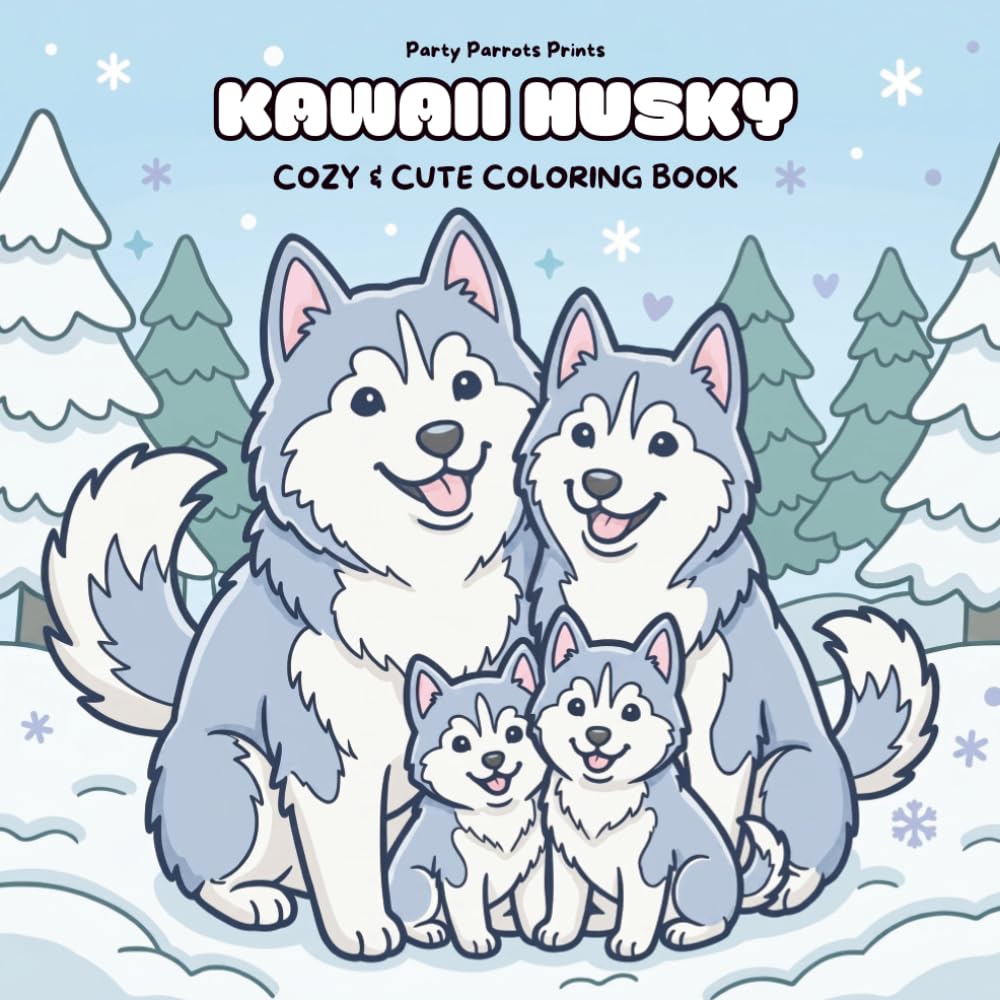 KAWAII HUSKY: Coloring Book for Adults and Kids Featuring Super Cute Husky Dogs & Puppies with Bold, Simple and Big Designs for Relaxation (Cozy & Cute) (Kawaii Puppy Pals Coloring Books)