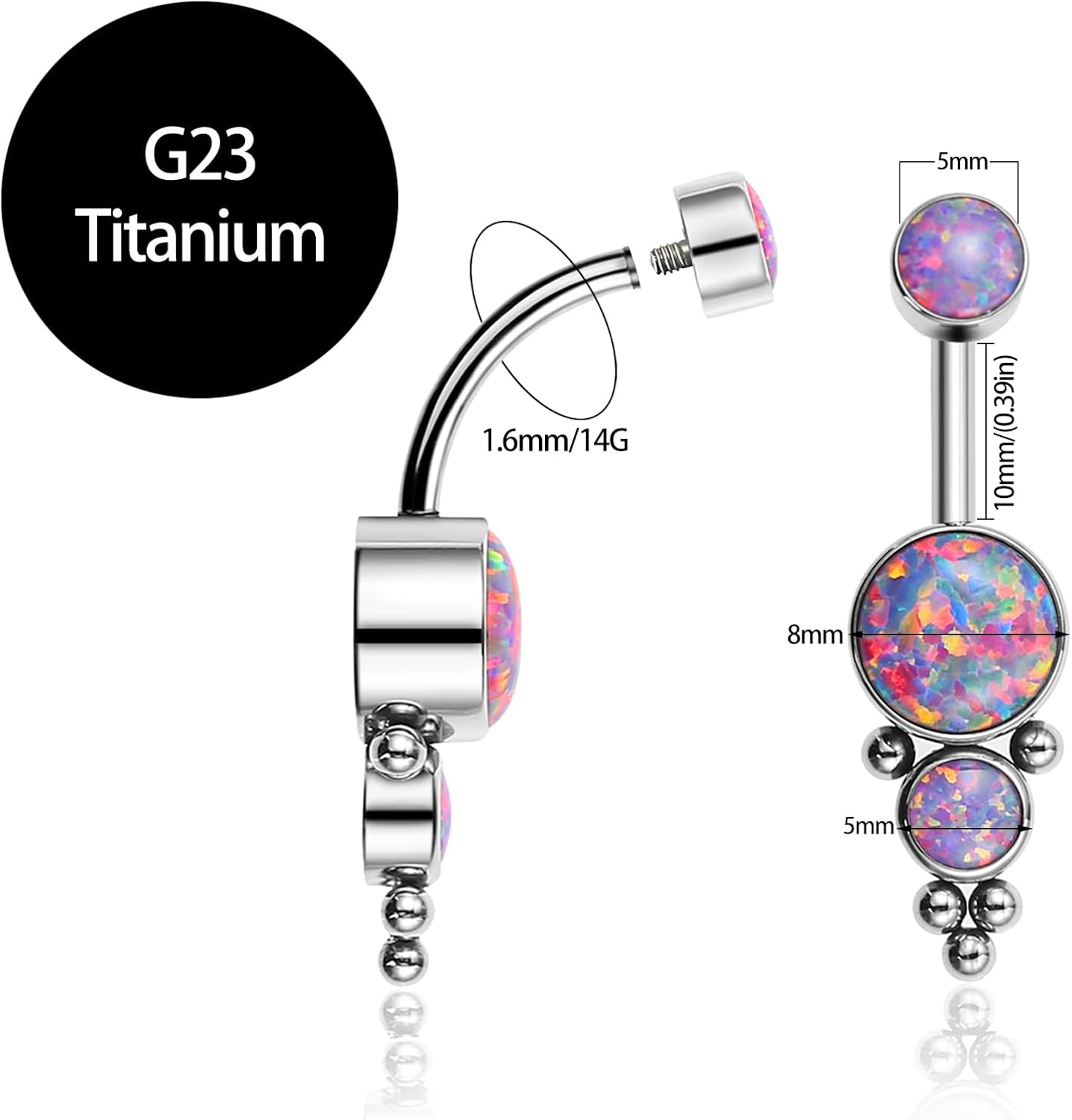 Hypoallergenic G23 Pure Titanium Internally Threaded 10mm Belly Button Rings Petite Navel Ring for Women Body Piercing Jewelry 14G ASTM F136 Round Purple Synthetic Opal White/Blue/Pink CZ Belly Bars - Image 2