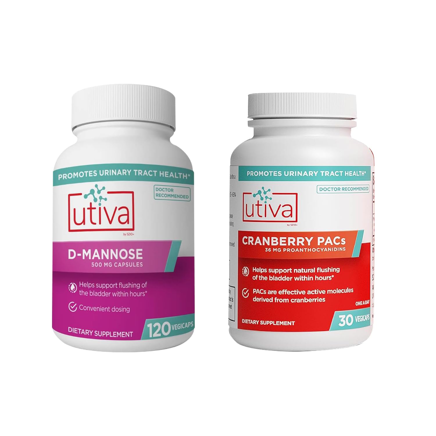 20% Bundle Utiva Cranberry PACs 30 Vegi Capsules Cranberry Supplement for Urinary Tract Health for Women and Men + Utiva D-Mannose 500mg 120 Capsules Naturally Flush The Bladder and Urinary Tract