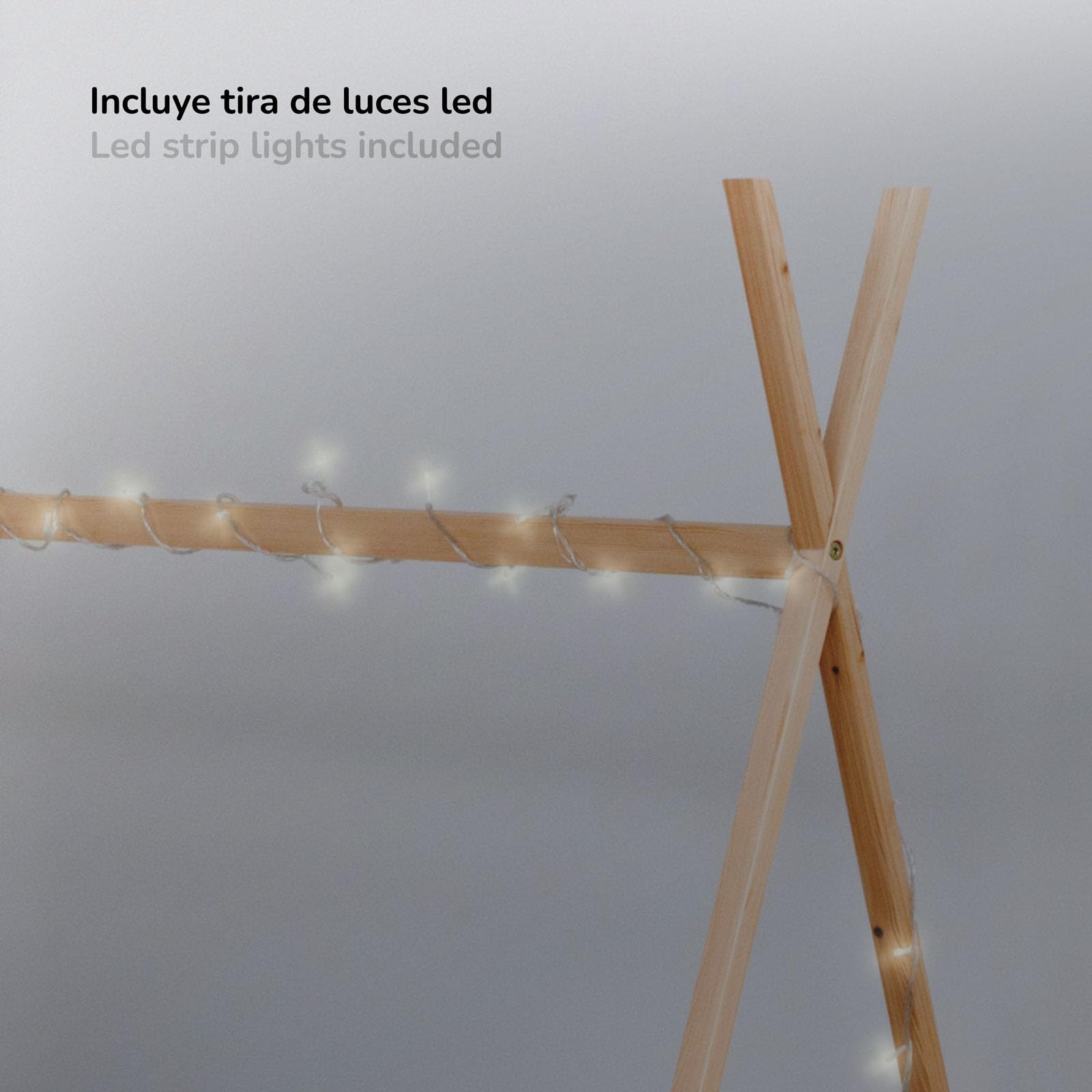 Cama Infantil Tipi Montessori de Madera Ecológica Tipi Dreams 150,5x75x138 cm para Colchón de 140x70 cm Guirnalda LED