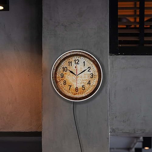 Miniatura 6 de Geek Alerts Reloj de pared retro oxidado, reloj de pared silencioso sin tictac de cuarzo de 12 pulgadas con iluminación LED USB de 7 colores, para