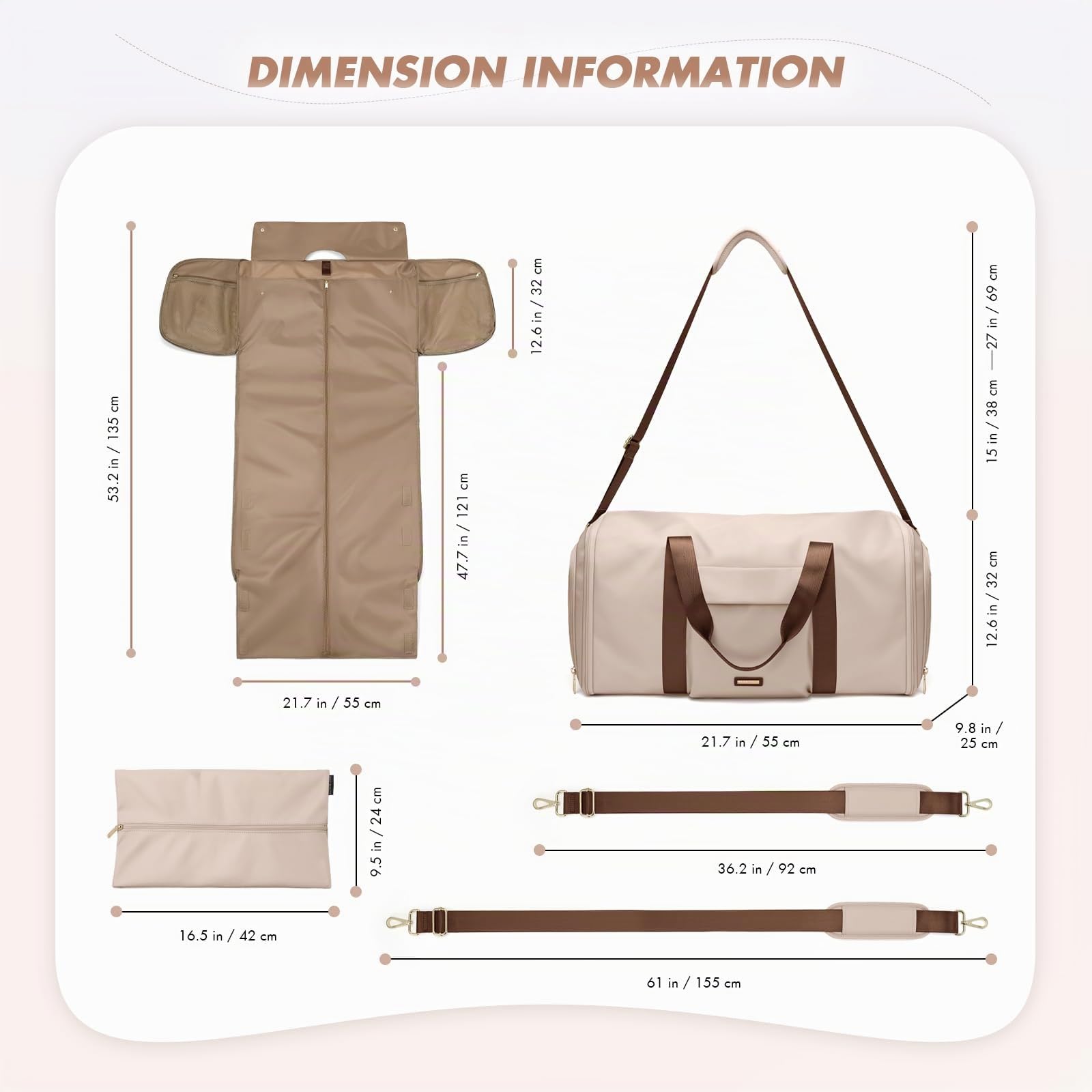 Sac à Costumes 2 en 1, Sac de Voyage Pliable Cabine 48L Imperméable, Taille Idéale pour Avion, Multifonctionnel avec Rangement Sec/Humide pour Hommes et Femmes, pour Affaires et Loisirs,Amande