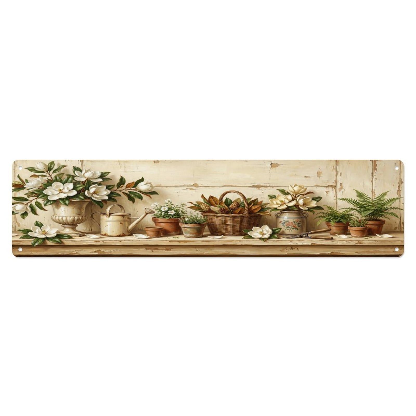 Floral Garden Tools Magnolia Urn Pattern Print Metal Tin Sign