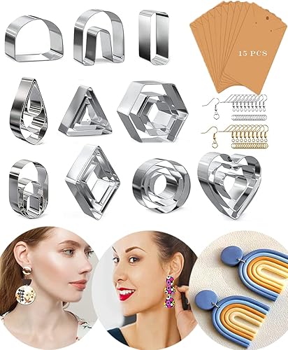 Harnico Kit de cortadores de arcilla polimérica de 24 piezas: juego de fabricación de joyas con 10 formas, tarjetas de pendientes, ganchos, anillos