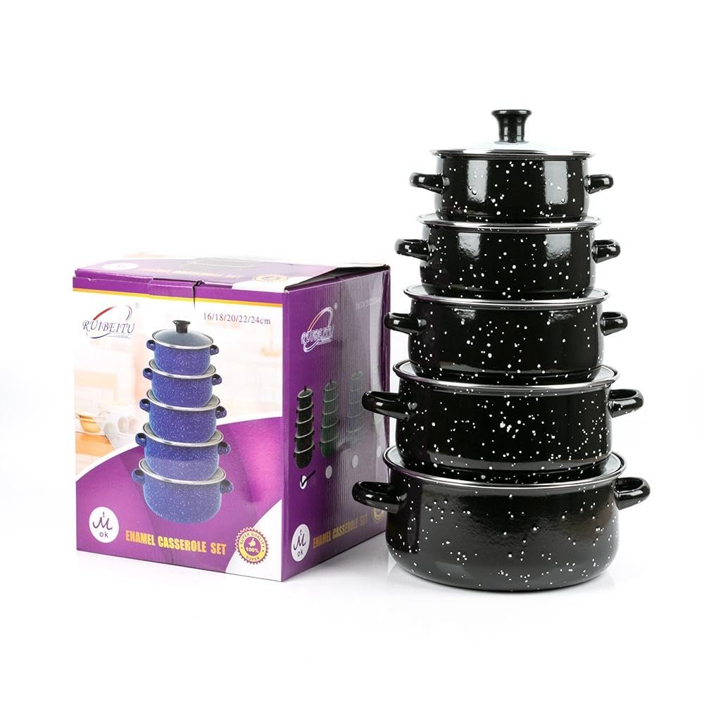 Herzberg HG04128, Juego de 10 Piezas de Ollas y Cazuelas con Tapas de Vidrio, Esmalte Negro, Mangos Cómodos, Tamaños Versátiles (16-24CM), Durabilidad Superior, Fácil de Limpiar