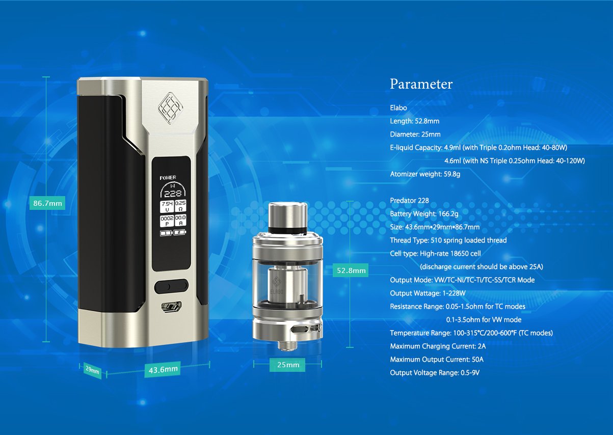Genuine Original Wismec Predator Kit 228W TC Mod With Elabo 4.6ml Tank  (BLACK) : Amazon.de: Electronics & Photo