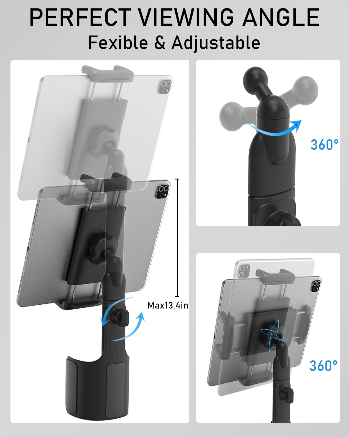 NATDETC 3 in 1 Car Tablet Cup Holder, Car Cup Tablet Mount for Car/Truck, Car Travel Essentials, Compatible with iPad Pro Air Mini, Fire HD, iPhone 16, Galaxy S24 Z Fold 5 or Other 4.7-12.9