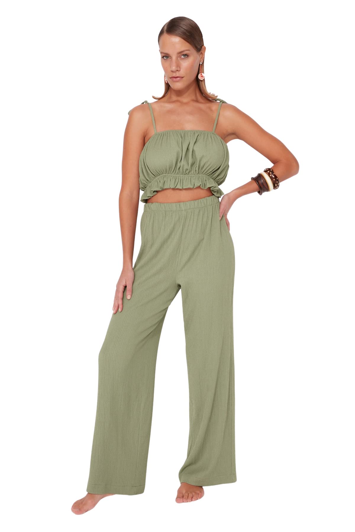 TRENDYOL Damen Plain Woven Zweiteiler Set Hemd, lichtgrün, 40