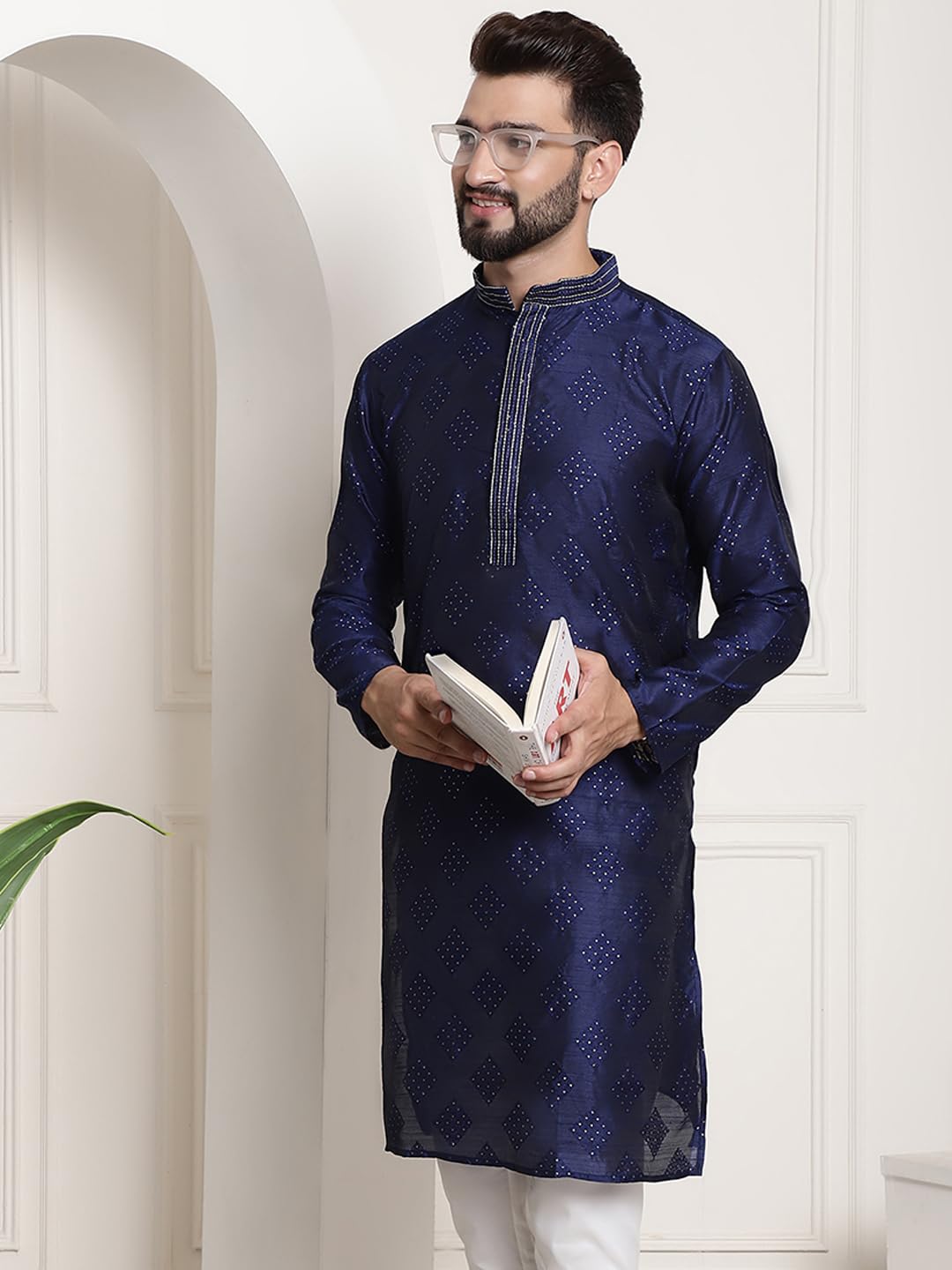 Sojanya (Since 1958 Men's Jacquard Silk Navy Blue & Gold Self Design Only Long Kurta