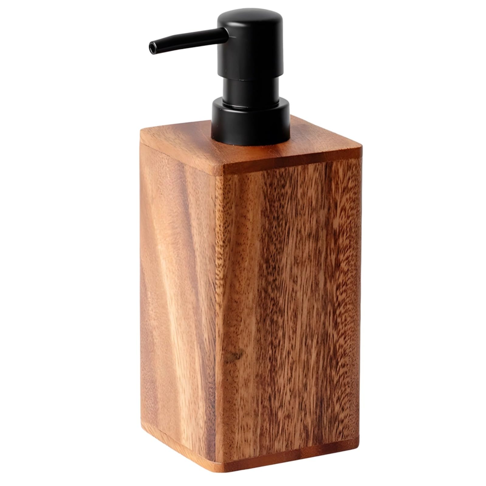 Walnut Lotion Dispenser, Square Wood Bathroom Accessory, Refillable Pump Bottle for Hand Soap, Shampoo, Essential Oils, Shower Gel, 13.5 fl oz/400 ml Capacity