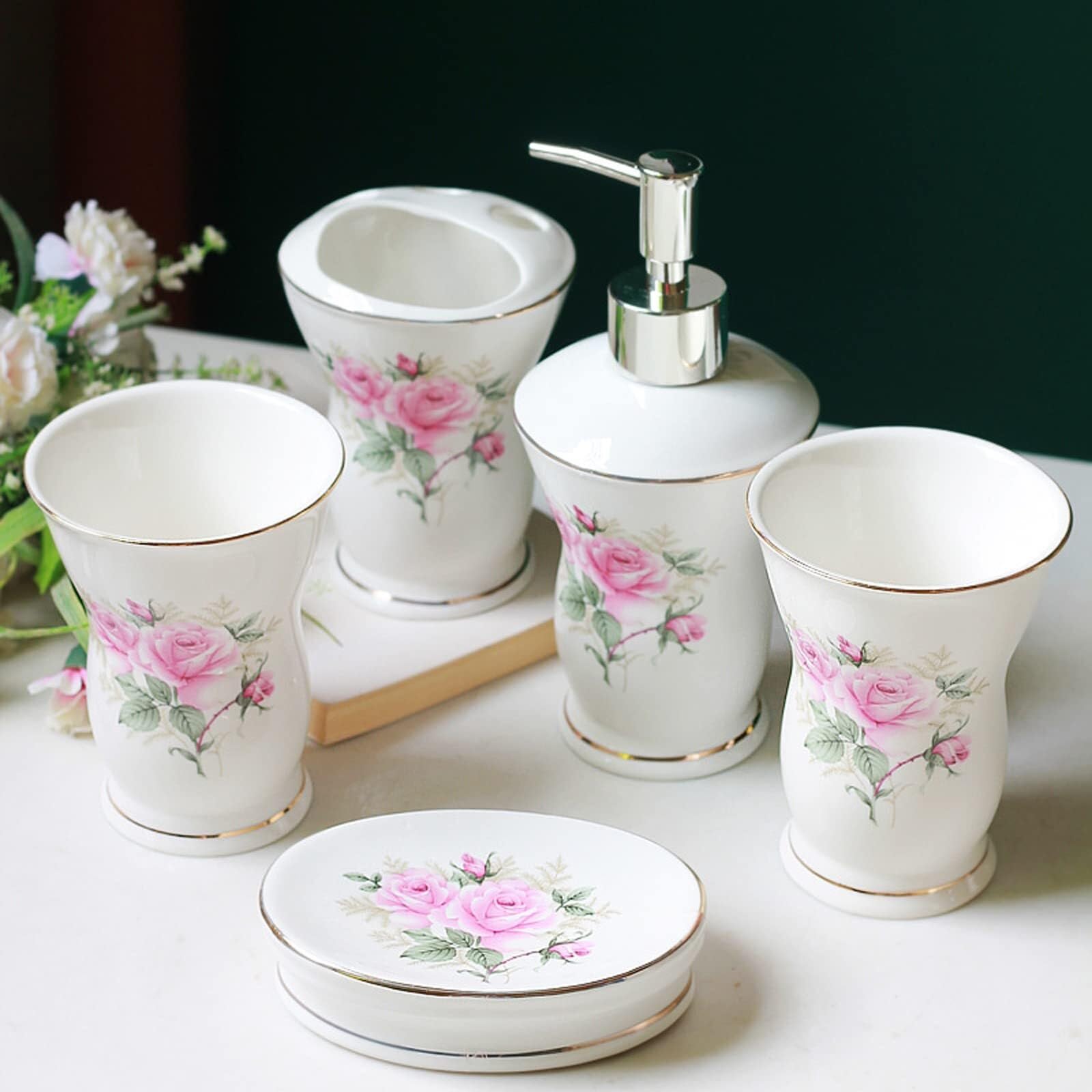 Bathroom Sets Juego de Accesorios baño 5 Piezas: dispensador jabón, Porta cepillos Dientes, Vaso, Plato. Decoración Coastal Decor(Pink)