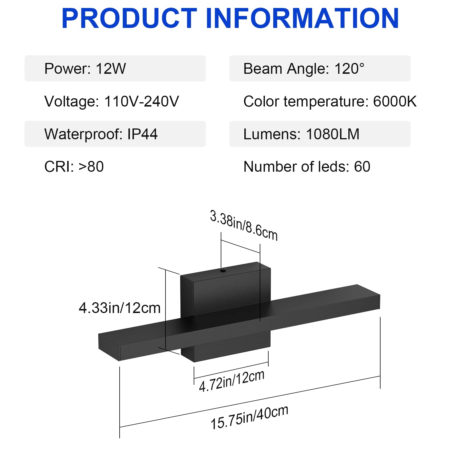 Klighten Lampe Miroir LED Salle de Bain 40cm, 12W 1080LM Applique Miroir Salle de Bains, IP44 Lumière Miroir Salle de Bain Moderne, 6000K Blanc Froid, 60 LEDs, 110-240V, Noir