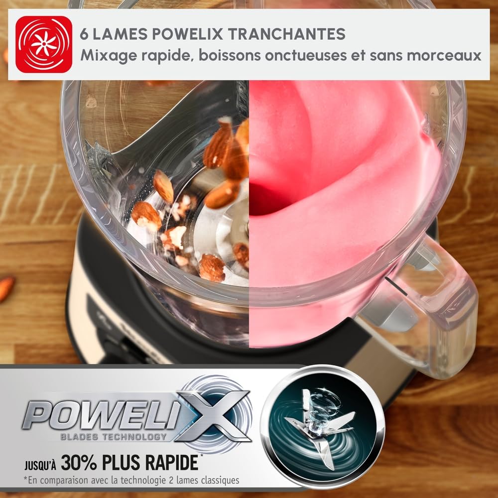 Moulinex Blender électrique, 1200 W, Bol verre capacité utile 1,5 L, Mixeur Smoothie, Technologie de lames Powelix, Haute qualité, Nettoyage facile, PerfectMix Noir/Or LM871A10