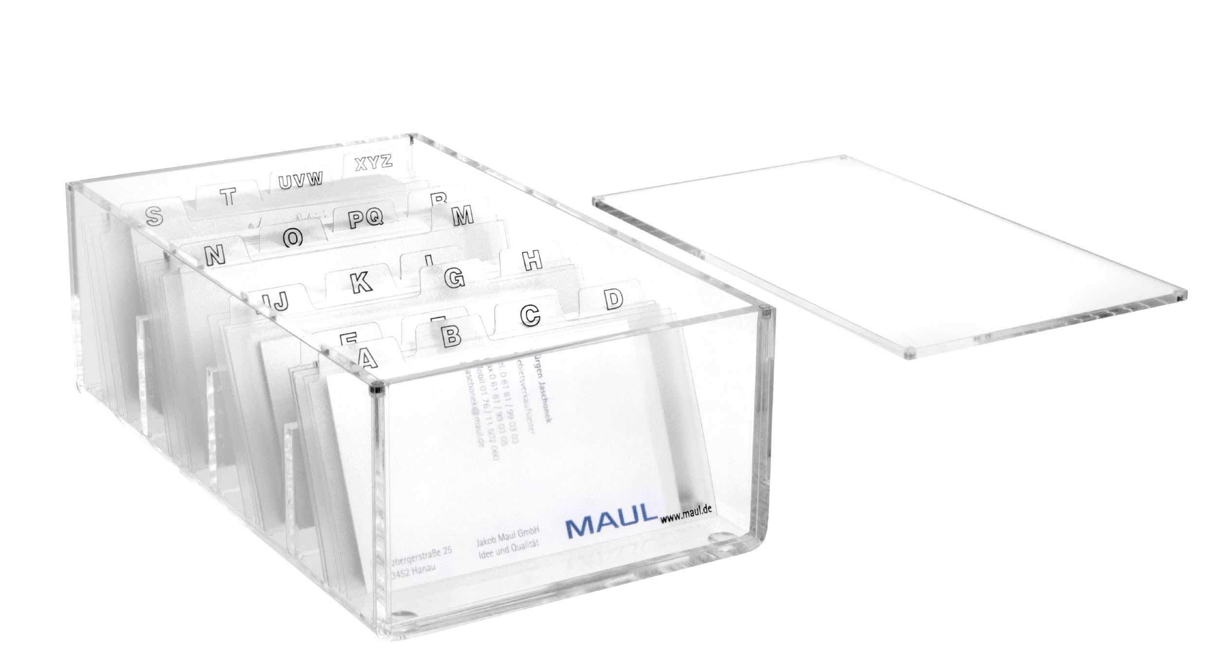 MAUL Visitenkartenbox aus Acryl | Schreibtisch Organizer inkl. Deckel zur Aufbewahrung von Kunden- und Visitenkarten | Möbelschonend dank Noppen für Schreibtisch und Regal | Transparent