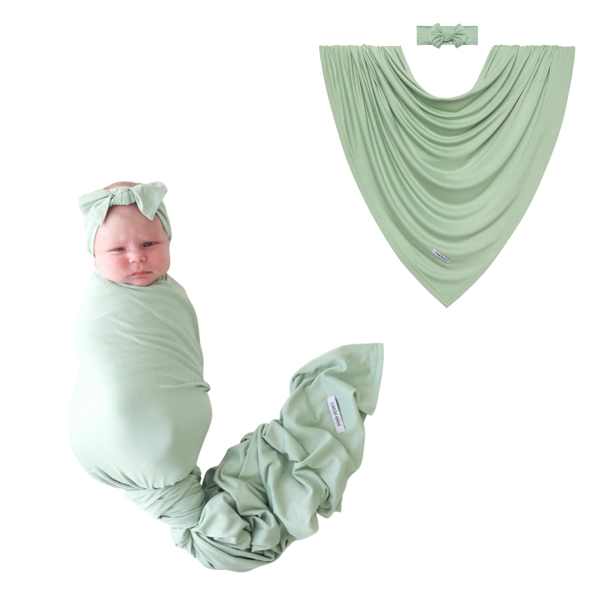 Posh Peanut Swaddle Blanket & Headband Set – Viscose from Bamboo Stretchy Baby Swaddle for Newborn Girls, Receiving Blanket or Nursing Cover (Sage)
