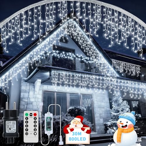 RJEDL 25+5M 800 LED Rinnovabili Luci di Natale da Esterno, Luci Natalizie da Esterno Cascata con 8 Modalità,Timer,Funzione Memoria Tenda Luminosa Esterno per Decorazioni Natalizie da Balcone
