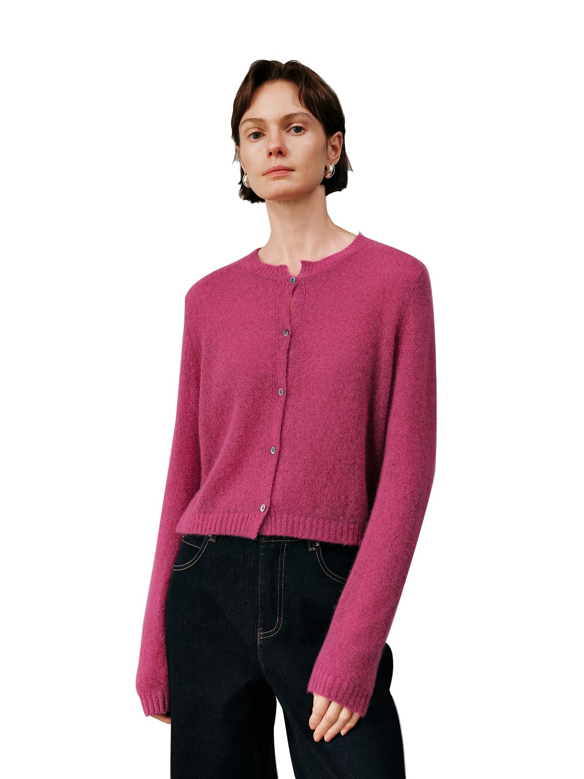 Womens Silk-Cashmere Cardigan Lightweight Soft Knit Round Neck Sweater Button Front Elegant Layer for Spring Fall